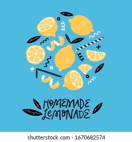 Homemade lemonade. Hand drawn summer set with lemon, lemon slice, leaves and handwritten lettering. Vector illustration.