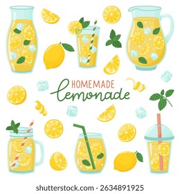 Limonada caseira. Conjunto de vetores desenhado à mão. Limonada em óculos variados, limões e gelo sobre fundo branco