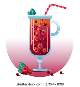 Homemade lemonade icon in glass with strawberries, mint and currants