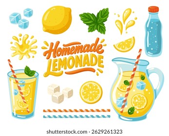 Homemade Lemonade ingredients and drinks set with lemon, mint, ice cubes, pitcher, glass. Cartoon vector illustration