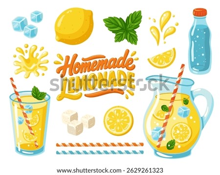 Homemade Lemonade ingredients and drinks set with lemon, mint, ice cubes, pitcher, glass. Cartoon vector illustration