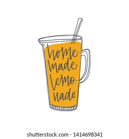 Homemade Lemonade inscription or phrase handwritten with elegant cursive calligraphic font on jug or pitcher. Fresh sweet organic soft drink, delicious summer beverage. Hand drawn vector illustration.