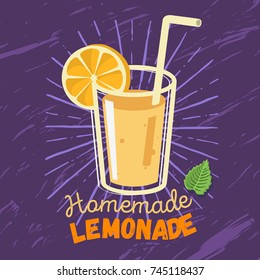 Homemade Lemonade  Label  Design With A Glass Filled Up With Lemonade And Mint Leaves Illustration. Vector Graphic.