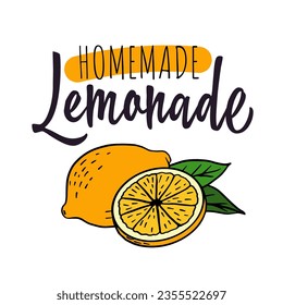 homemade lemonade lettering with lemon label. Doodle style. Fresh, cold, homemade, sweet lemon fresh drink. Vector illustration of tag,  sticker, logo. Lemon syrup,  juice.