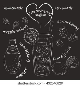 Homemade lemonade recipe sketch. Strawberry mojito with ingredients, strawberry, mint leaves, lime. Chalk recipe drawing.