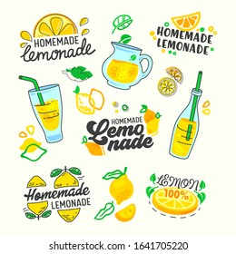 Homemade Lemonade Set Typography and Doodle Elements. Yellow Lemon Fruits, Glass Bottles and Carafe with Sweet Drink, Ornament for Wrapping Paper, Print Design on White Background Vector Illustration