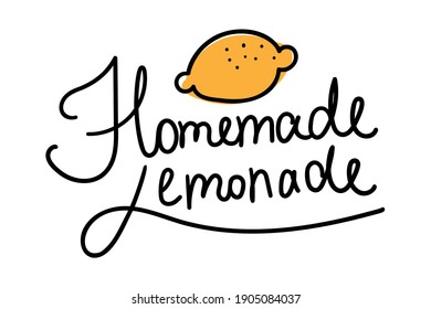 Homemade lemonade sign. Fresh lemon summer script lettering. Refreshing vintage logo for beverage stand. Cold drink flat hand drawn print banner.	