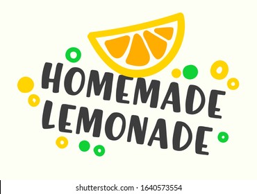Homemade Lemonade Typography for Poster with Simple Drawing Orange or Citrus Slice and Air Bubbles. Drink Recipe Menu Banner, Flyer or Brochure. Flat Vector Illustration