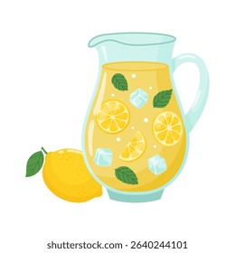 Homemade lemonade vector illustration. Bright flat style illustration with lemonade in a glass jug, glass and whole lemon on a white background