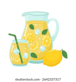 Homemade lemonade vector illustration. Bright flat style illustration with lemonade in a glass jug, glass and whole lemon on a white background