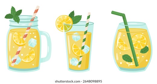 Ilustração vetor de limonada caseira. Limonada em vários pratos. Ilustração em estilo plano sobre fundo branco