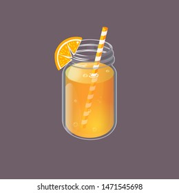 Homemade lemonade in vintage glass jar with straw and slice of orange. Vector illustration isolated on dark background.
