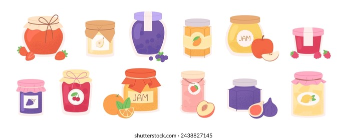 Homemade marmalade jars. Glass jar with different fruit and berry marmalades. Isolated pear, apple, strawberry jam, racy vector sweet deserts