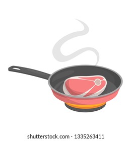 Homemade meat food for lunch or dinner. Tasty delicious beef slice. Cooking process on frying pan. Isolated vector illustration in cartoon style