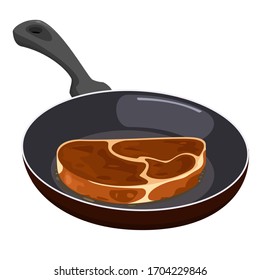 Homemade meat food for lunch or dinner. Tasty delicious beef slice. Cooking process on frying pan. Isolated vector illustration in cartoon style