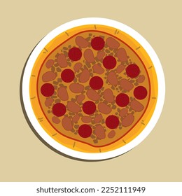 Homemade Meat Loves Pizza with Pepperoni Sausage and Bacon. Pizza illustration, Food illustration, Food Cartoon.