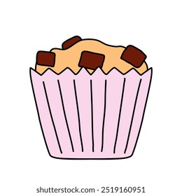 Homemade muffin with chocolate chips in a pink paper cup, baking design element cafe menu, vector