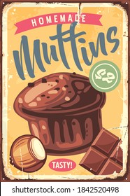 Homemade muffins retro kitchen decoration sign. Baked cookies and desserts vintage poster. Chocolate dessert vector illustration.