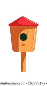 Homemade nesting box on pole for bird on white background