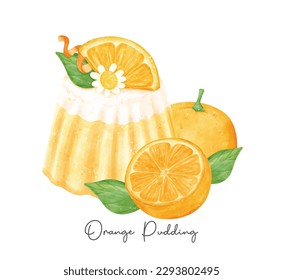 Jelly de pudín de orquídea casera con composición de frutos orina barandilla vectorial de ilustración de acuarela aislada en fondo blanco.