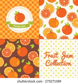 Homemade orange jam collection. Paper label and seamless patterns with Gingham, Polka Dot and Berries on color and light background. Perfect for wallpaper, wrapping paper, textile and package design