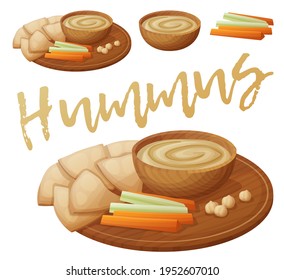 Homemade organic hummus with pita cheaps, carrots and celery vector icon. Middle eastern cuisine cartoon illustration isolated on white background