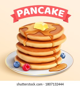 Homemade pancake ads in 3d illustration, pile of pancakes with butter and honey dripping with blueberries and raspberry on a serving plate over beige background