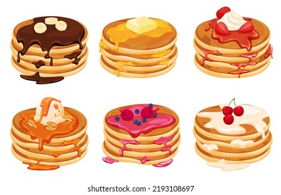 Homemade Pancakes with Jams. A delicious hearty breakfast. Fried pancakes. Vector illustration