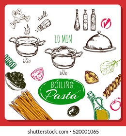 Homemade pasta recipe background with frame sketch images of pots dishes ingredients and cooking instruction infographics vector illustration