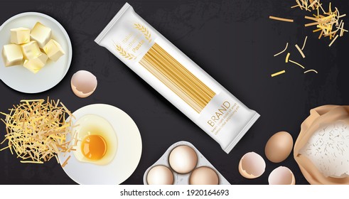 Homemade Pasta Spaghetti Package Mock Up. Product Placement Organic Natural Fresh Food Banner. Menu Template Poster