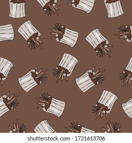 Homemade pattern of pots with plants on a beige background