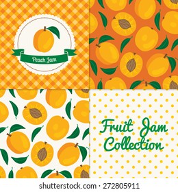 Homemade peach jam collection. Paper label and seamless patterns with Gingham, Polka Dot and Berries on color and light background. Perfect for wallpaper, wrapping paper, textile and package design