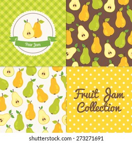 Homemade pear jam collection. Paper label and seamless patterns with Gingham, Polka Dot and Berries on color and light background. Perfect for wallpaper, wrapping paper, textile and package design