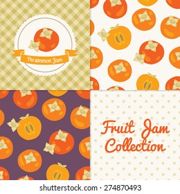 Homemade persimmon jam collection. Paper label and seamless patterns with Gingham, Polka Dot and Fruits on color and light background. Perfect for wallpaper, wrapping paper, textile, package design