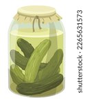 Homemade pickled cucumber. Clip-art of marinated food for packaging, label, menu, signboard or showcase. Fermented veggies, crunch gherkin with salt. Healthy vegetarian food