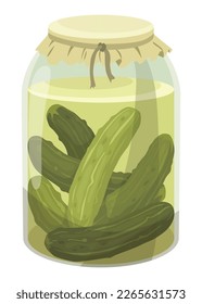 Homemade pickled cucumber. Clip-art of marinated food for packaging, label, menu, signboard or showcase. Fermented veggies, crunch gherkin with salt. Healthy vegetarian food