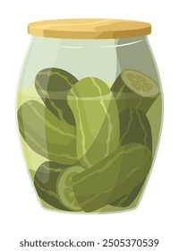 Hausgemachte eingelegte Gurke. Clip-Art von marinierten Lebensmitteln für Verpackung, Etikett, Menü, Schild oder Vitrine. Fermentiertes Gemüse, Gewürzgurke mit Salz knacken. Gesundes vegetarisches Essen