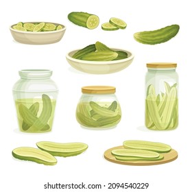 Homemade Pickled Cucumber or Gherkin Canned in Brine and Rested on Plate Vector Set