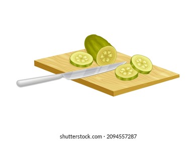 Homemade Pickled Cucumber or Gherkin Rested on Cutting Board with Knife Vector Illustration