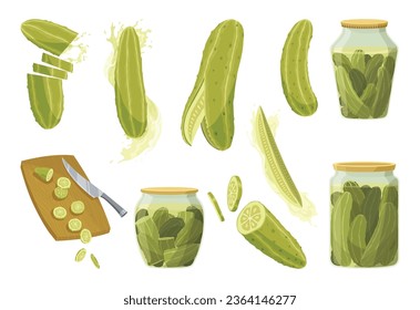 Homemade pickled cucumbers. Clip-arts of marinated food for packaging, label, menu, signboard or showcase. Fermented veggies, crunch gherkin with salt. Healthy vegetarian foods