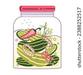 Homemade pickled preserved cucumbers in jar. Illustration of pickles and canned cucumbers for harvest preservation and food labels designs, vector illustration isolated on white.
