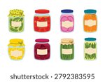 Homemade Pickled Vegetables Mason Jar Vector Set, Flat Canning Food Storage Clip Art Pack