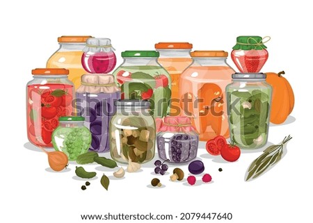 Homemade pickles colorful composition with different shape glass jars full of canned fruits and vegetables flat vector illustration