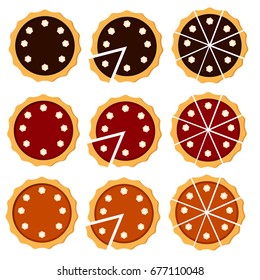 Homemade pie set with different fruit filling. Sliced with cream. Flat vector illustration isolated on white background. Top view.