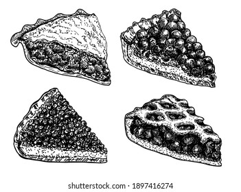 Homemade pie set. Hand drawn sketch dessert. Food elements. Vector ink hand drawn illustration. Menu, sign board template. Sketch slice of fruit tart. Pies with meat, berries, fruits.