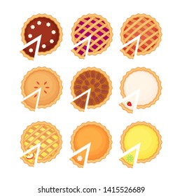 Homemade pie and pie slice set with different fruit filling.  Flat vector illustration isolated on white background. Top view.