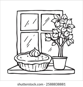 homemade pie stands by the window. vector illustration in doodle style