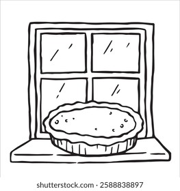 homemade pie stands by the window. vector illustration in doodle style