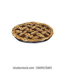 Homemade pie, vector colored sketch style illustration isolated on white. Tasty baked goods with filling for a holiday or celebration. Vintage rich pastries, food image in engraving. Retro drawing.