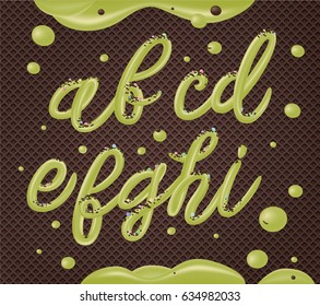 Homemade pistachio ice cream typography alphabet isolated on chocolate wafer background. Vector hand lettering for sweet food packaging.